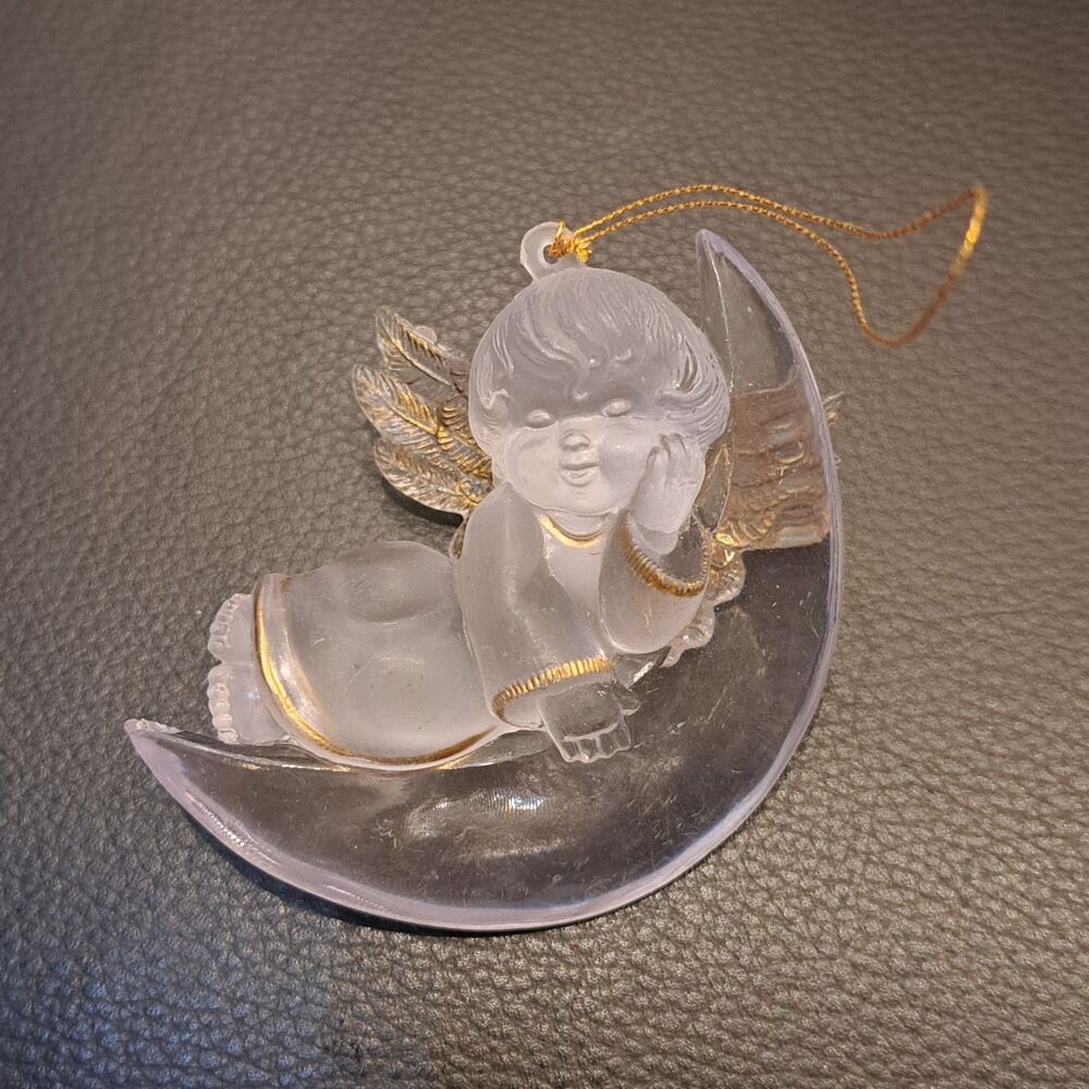 Vintage Angel Cherub Sleeping on a Crescent Moon Frosted & Gold Tone Ornament